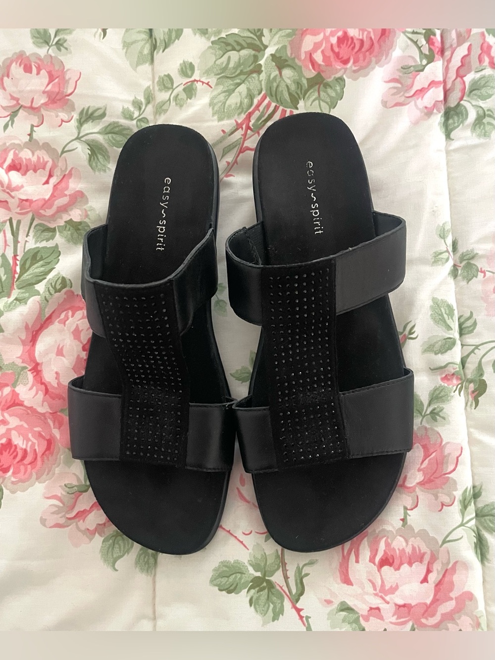 Easy Spirit Slide Sehaddie Black Leather w Rhinestone Wedge Sandals Sz 8 - Picture 2 of 6